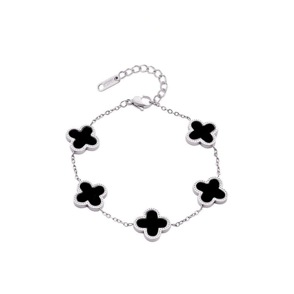 Five Four Leaf Clovers Bracelet Silver Black, vòng tay năm cỏ bốn lá đen