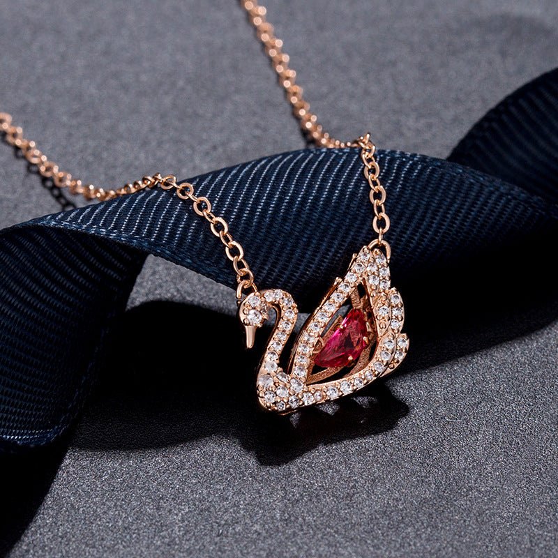 Dancing Swan Necklace Rose Gold Red