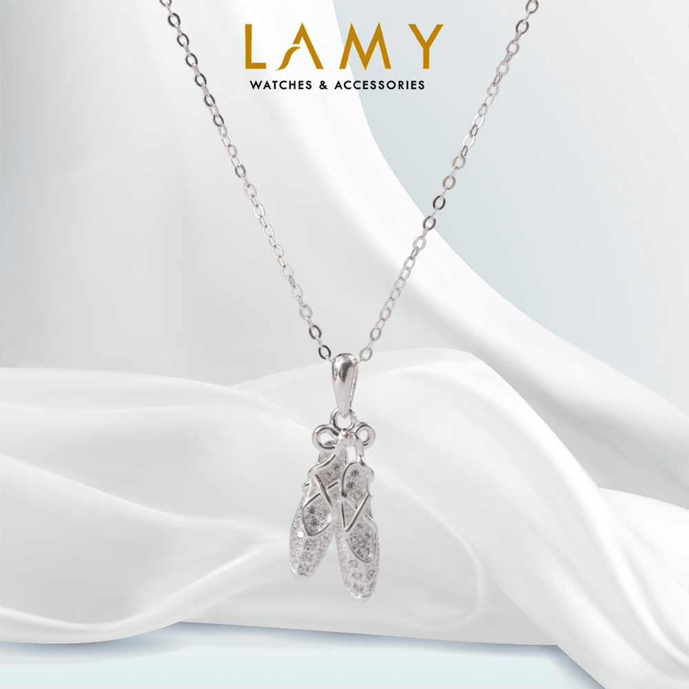 Ballet Shoes Necklace Crystal Silver, đôi giày múa ba lê phủ đá nhỏ treo dưới chiếc nơ