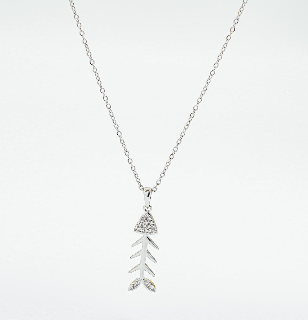 Fish Bone Pendant Necklace Silver