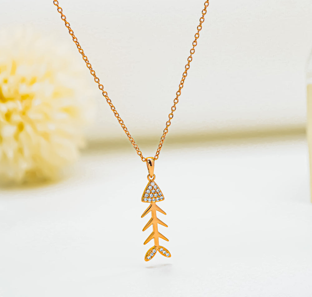 Fish Bone Pendant Necklace Rose Gold