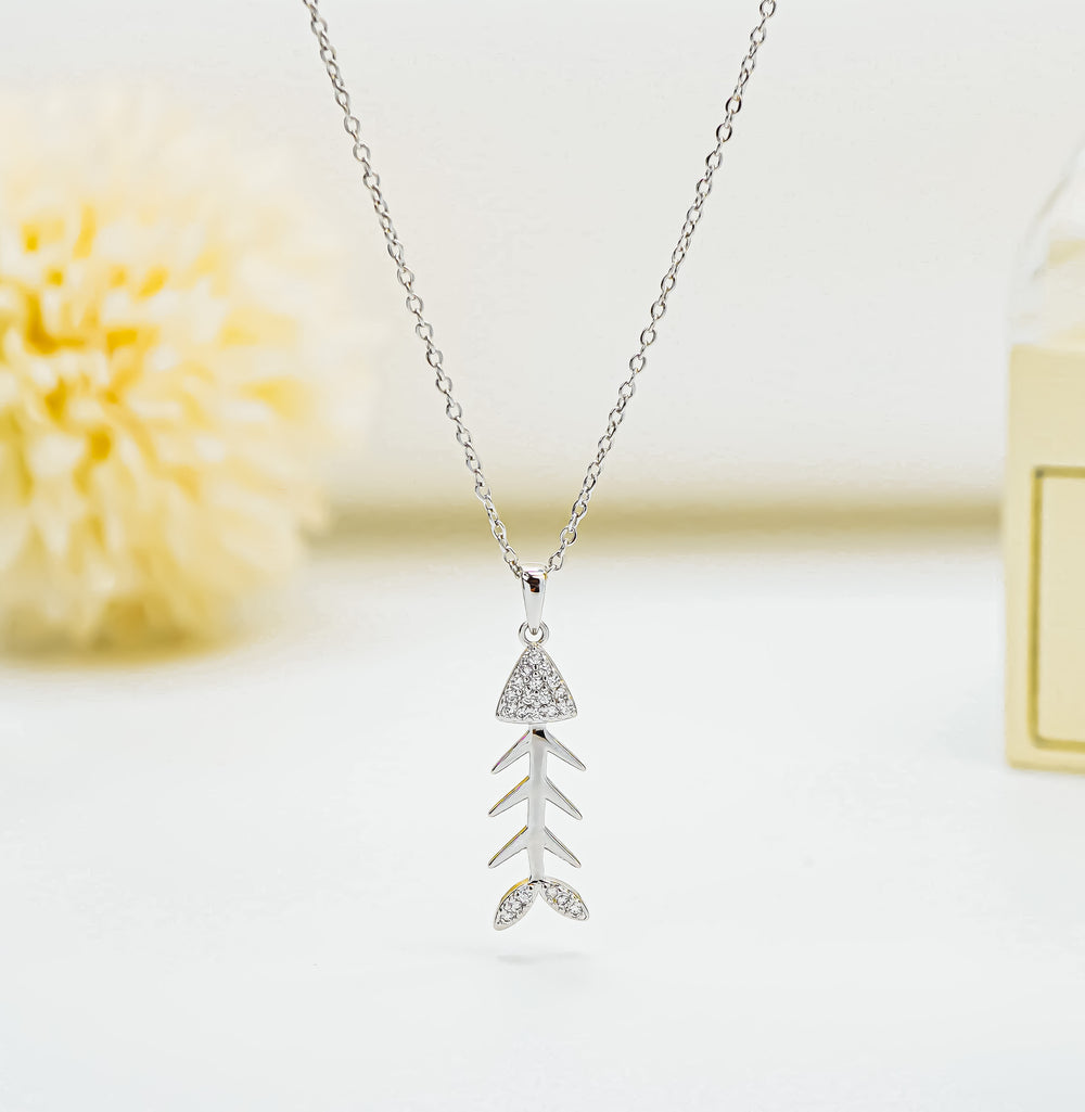 Fish Bone Pendant Necklace Silver