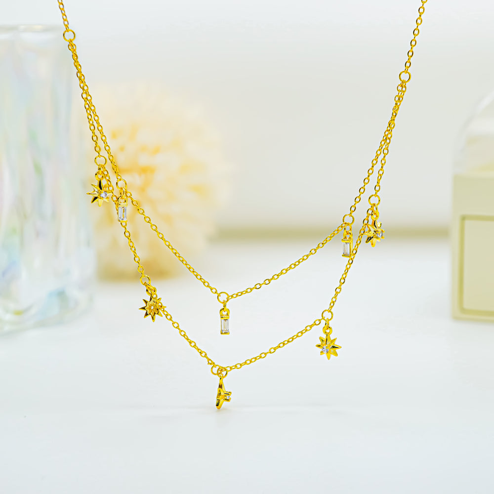Double Layer Star Pendant Necklace Gold