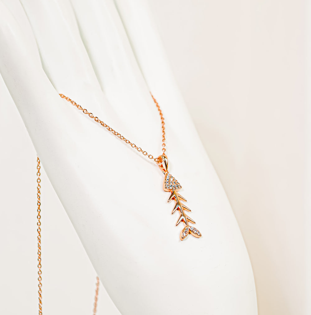 Fish Bone Pendant Necklace Rose Gold