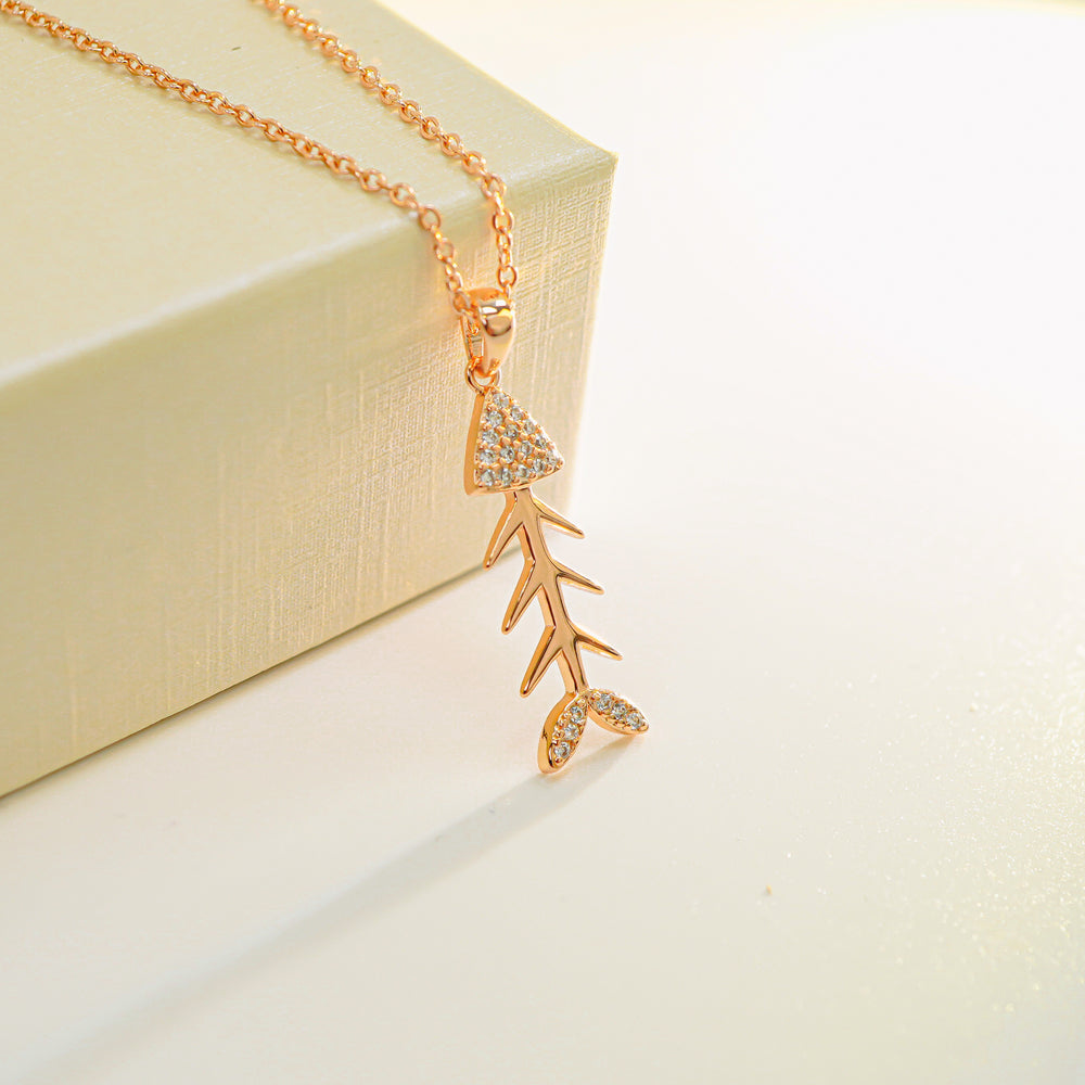 Fish Bone Pendant Necklace Rose Gold