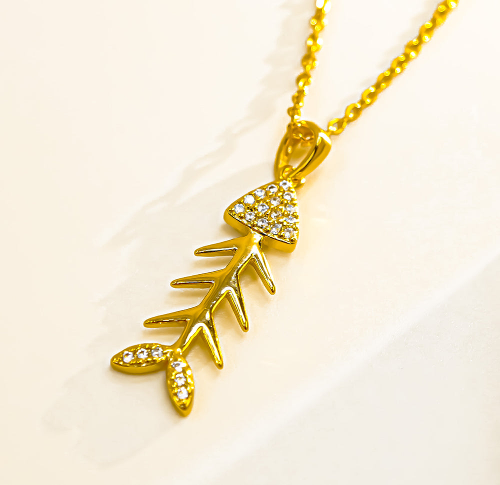 Fish Bone Pendant Necklace Gold