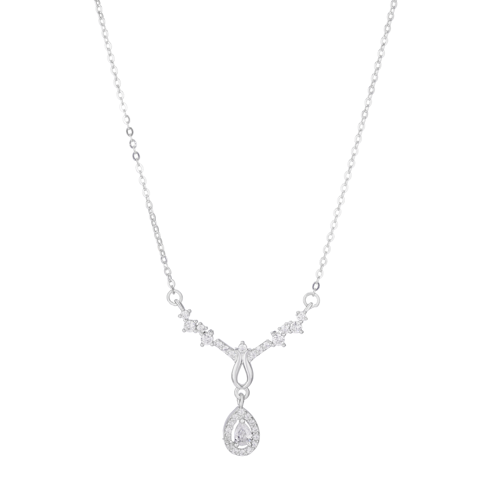 Water Drop Pendant Necklace Silver, hai bên dây đính đá hội tụ thành hình chữ V
