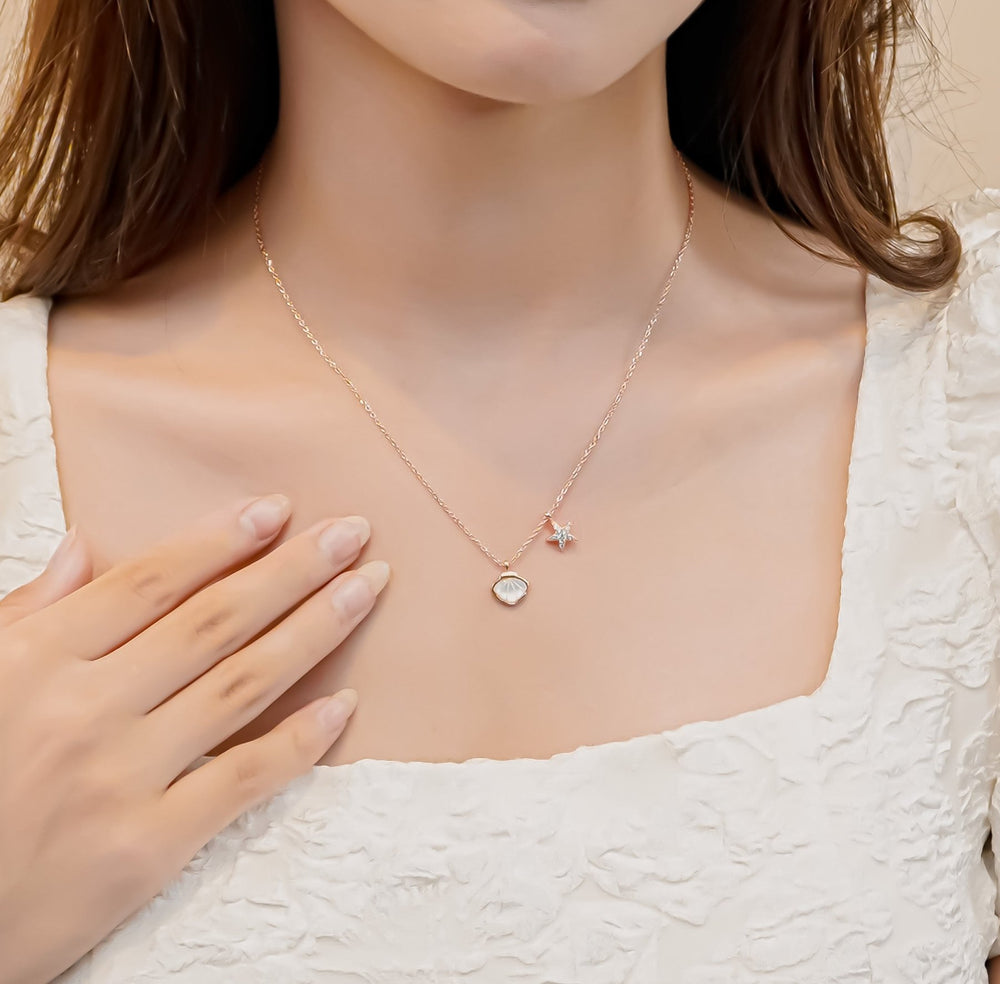 Starfish & Seashell Pendant Necklace Rose Gold