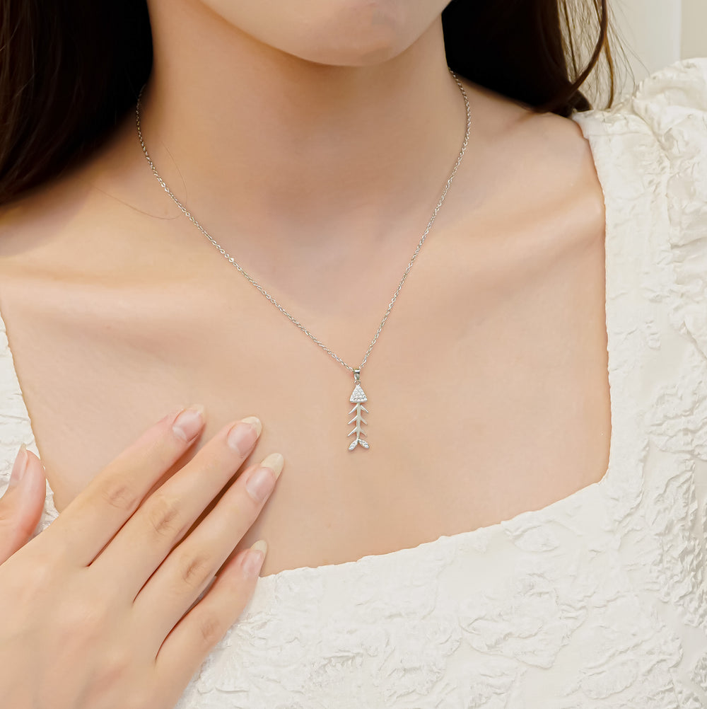 Fish Bone Pendant Necklace Silver