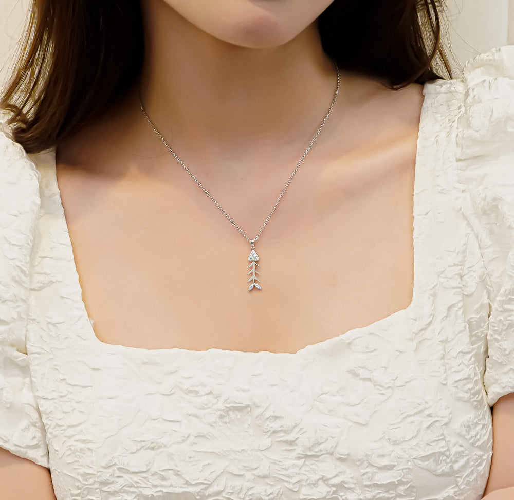 Fish Bone Pendant Necklace Silver