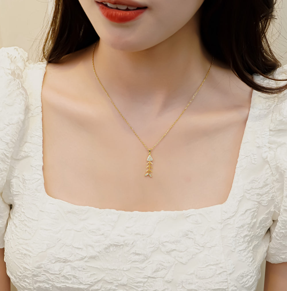 Fish Bone Pendant Necklace Gold