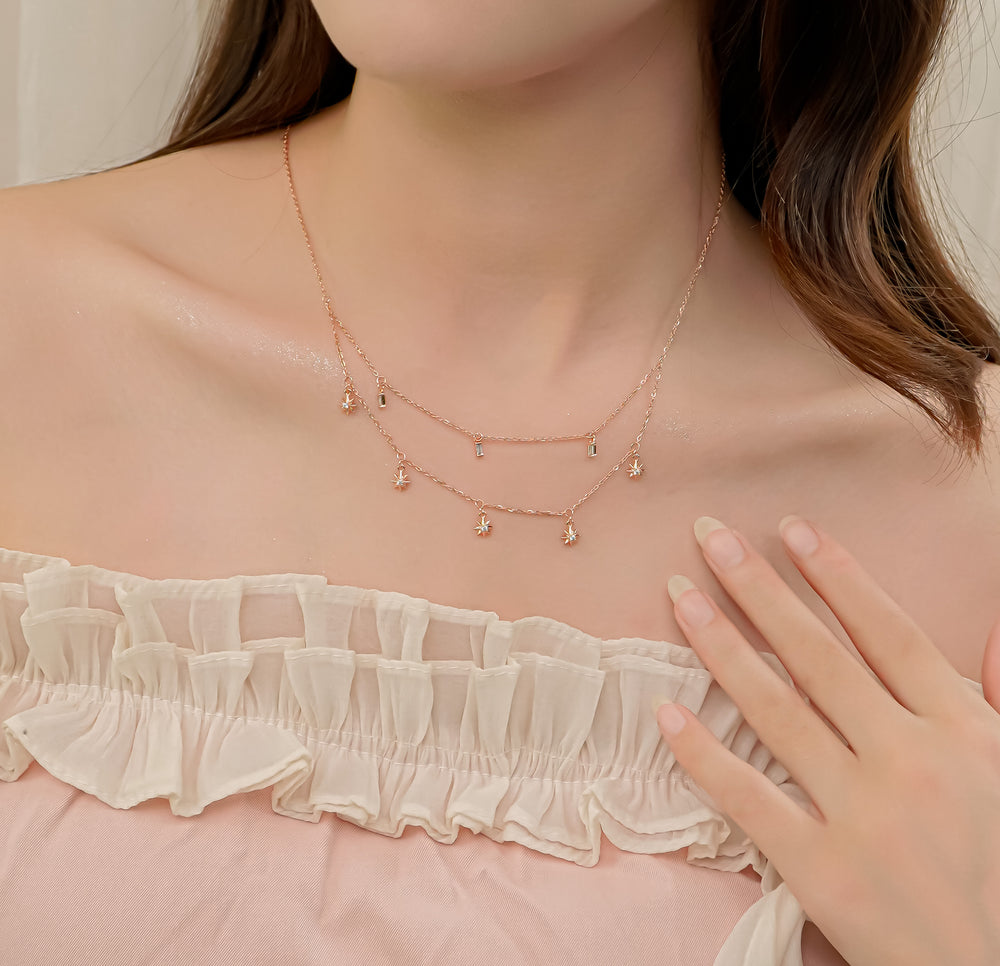 Double Layer Star Pendant Necklace Rose Gold