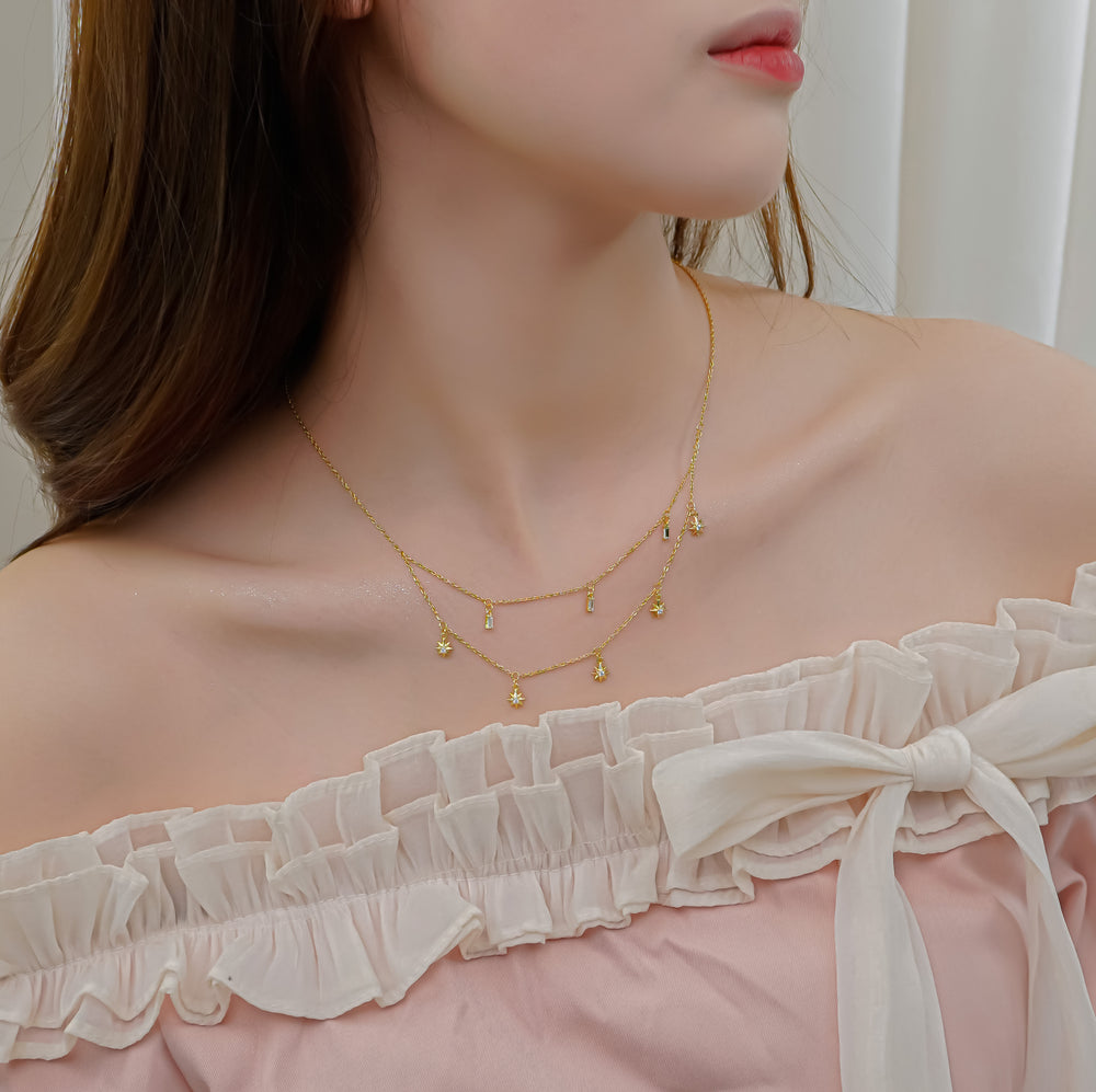 Double Layer Star Pendant Necklace Gold