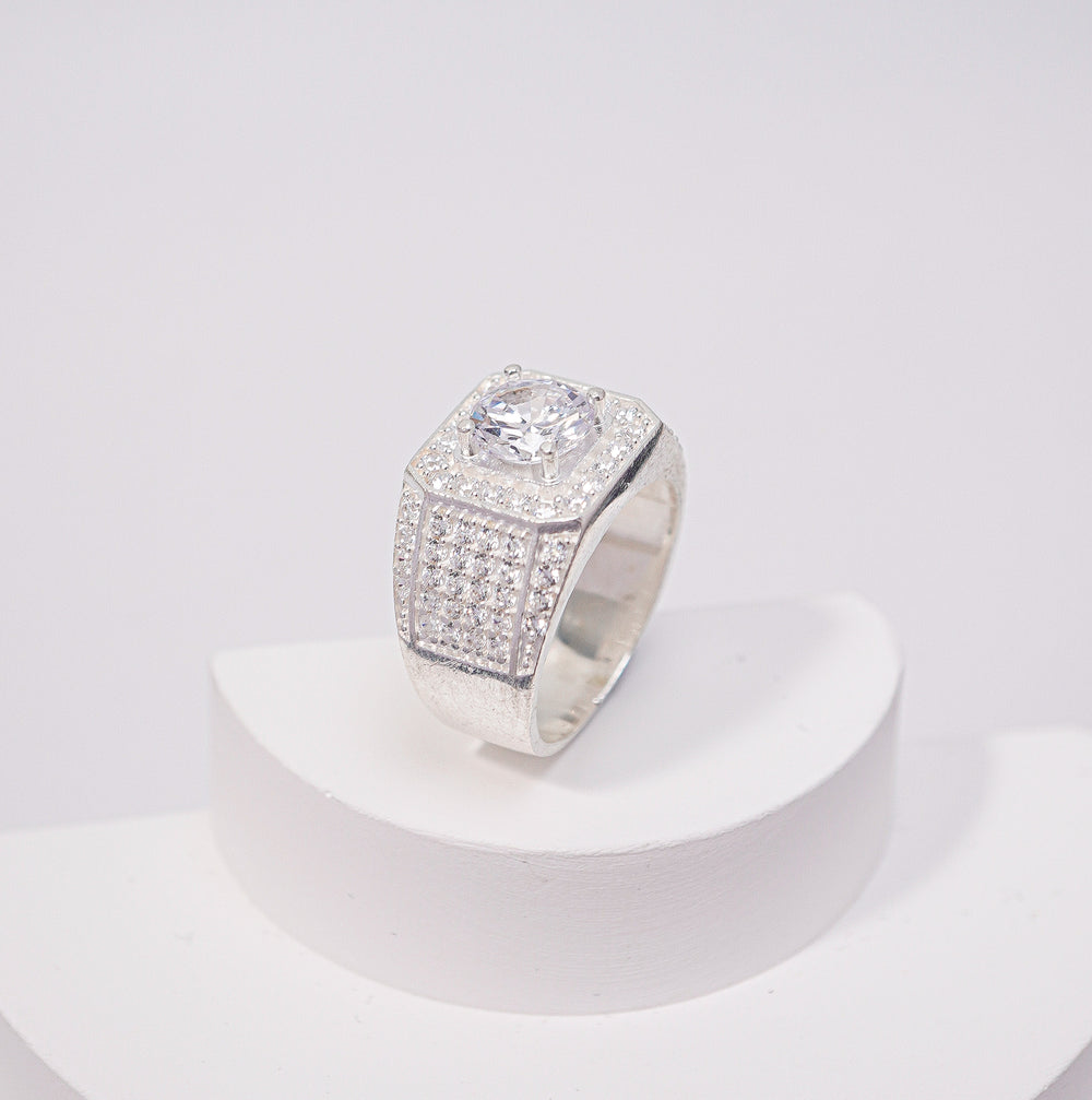Luxurious Square Stone Ring Silver, mặt vuông bản lớn phủ kín đá nhỏ
