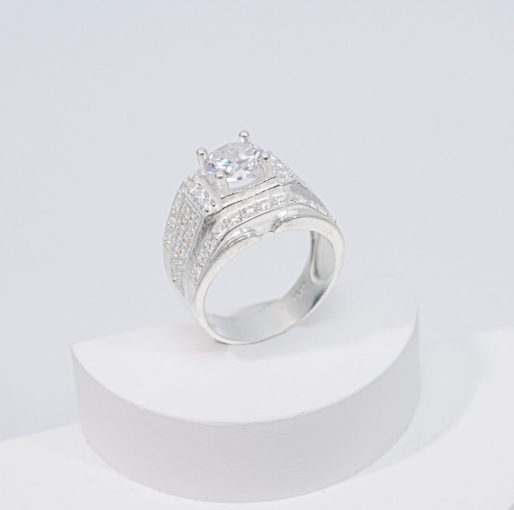 Unique Shiny Square Ring Silver, viên đá tròn lớn trên mặt vuông