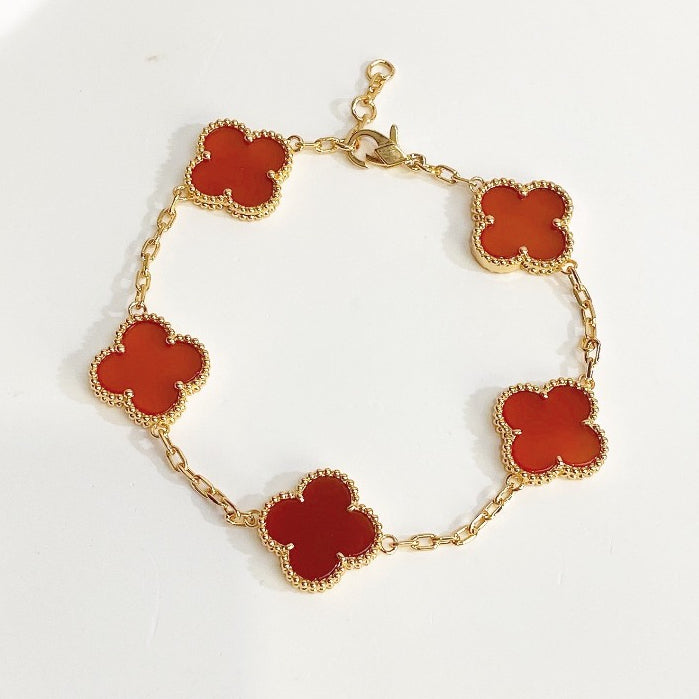 Milgrain Four Leaf Clover Bracelet Gold Red