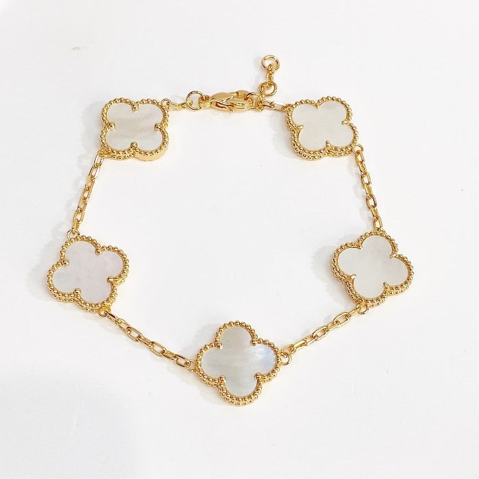Milgrain Four Leaf Clover Bracelet Gold White