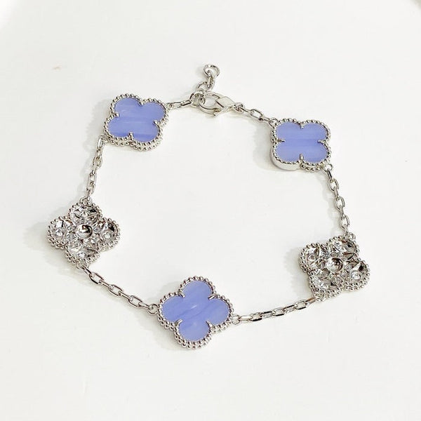 Milgrain Sparkle Four Leaf Clover Bracelet - Bạc, đá tím nhạt
