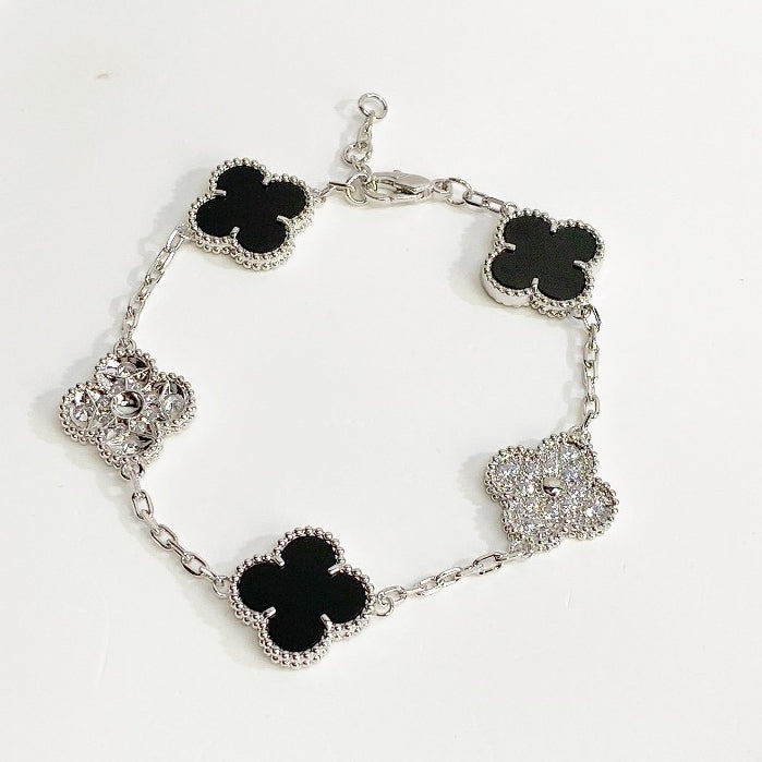 Milgrain Sparkle Four Leaf Clover Bracelet Silver Black
