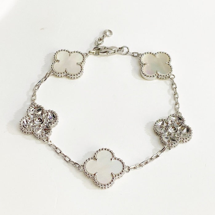 Milgrain Sparkle Four Leaf Clover Bracelet Silver White