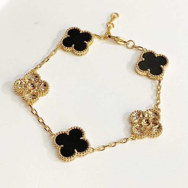 Milgrain Sparkle Four Leaf Clover Bracelet Gold Black