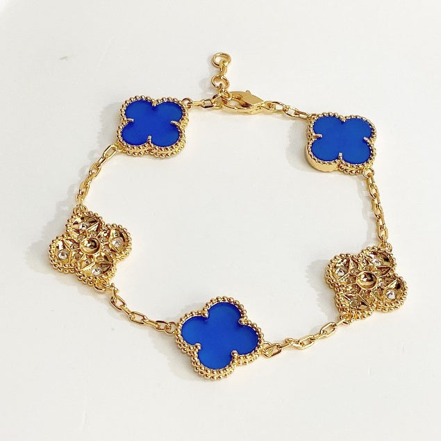 Milgrain Sparkle Four Leaf Clover Bracelet Gold Navy