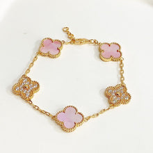 Milgrain Sparkle Four Leaf Clover Bracelet - Vàng, đá hồng
