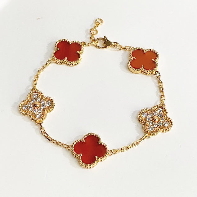 Milgrain Sparkle Four Leaf Clover Bracelet Gold Red
