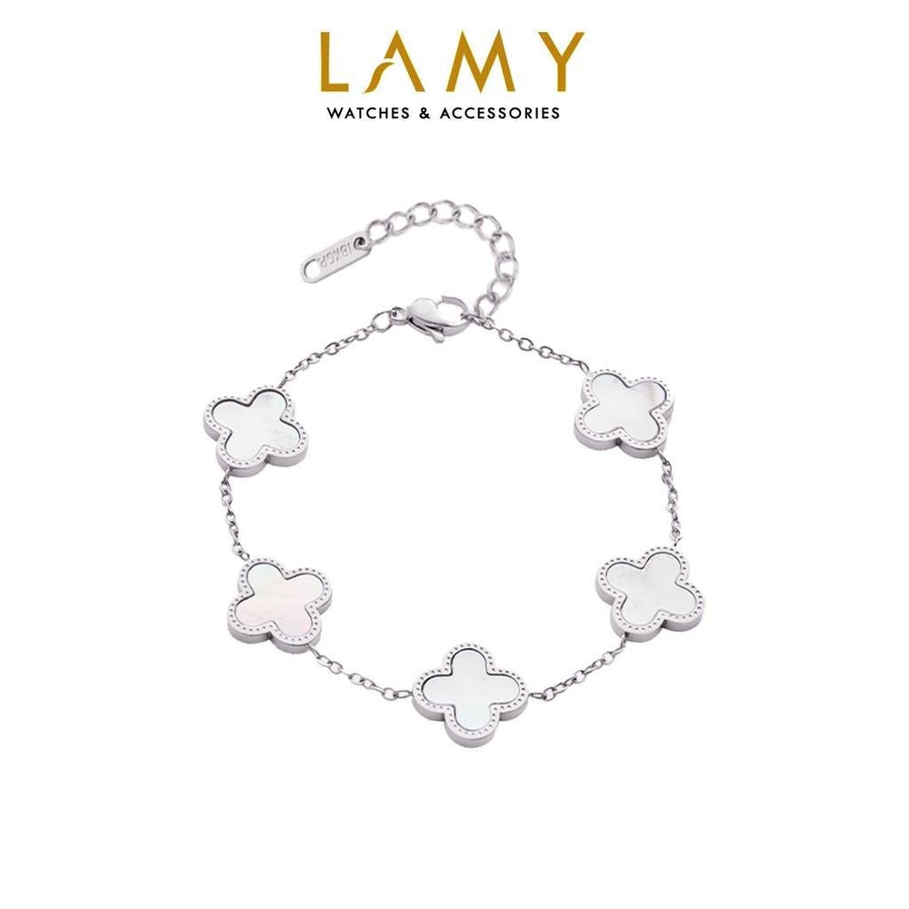 Five Four Leaf Clovers Bracelet Silver White