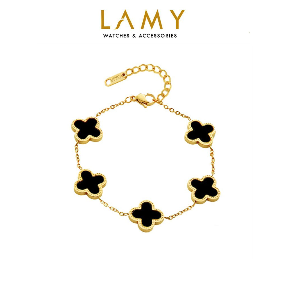 Five Four Leaf Clovers Bracelet Gold Black