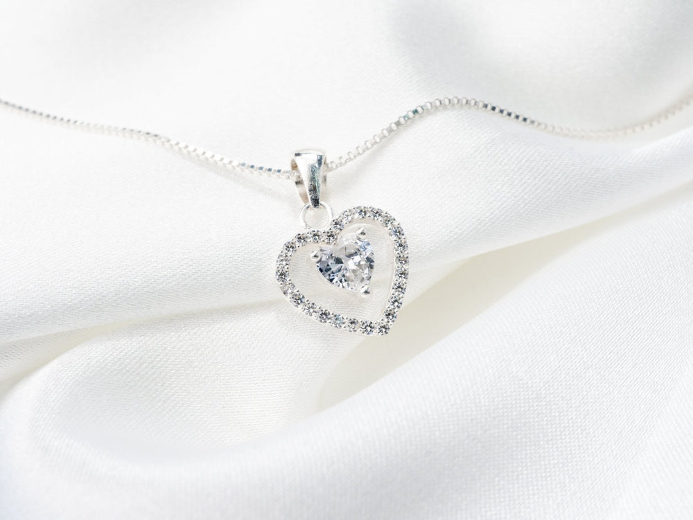 Sparkling Stone Encrusted Heart Necklace Silver - 6168SV