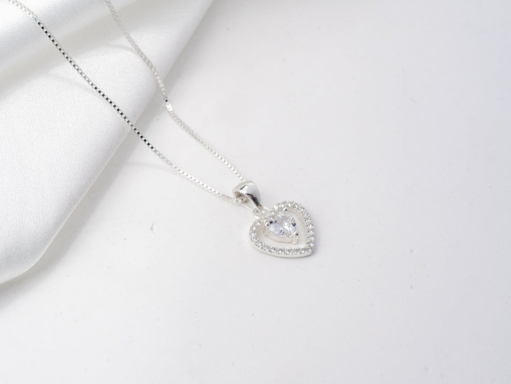Sparkling Stone Encrusted Heart Necklace Silver - 6168SV
