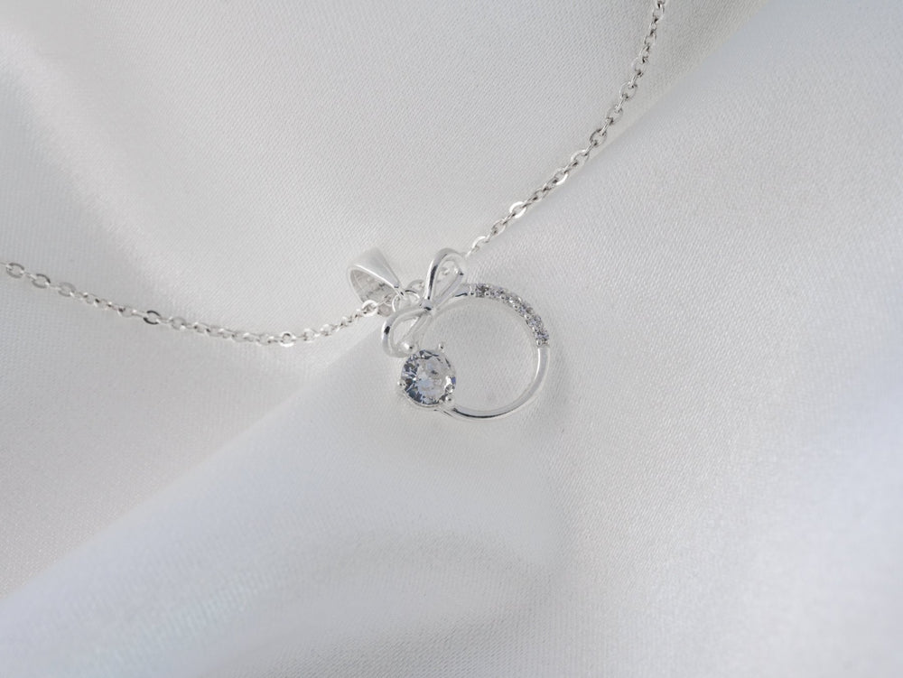Crystal Moonstone Embellished Bow Necklace Silver - 6156SV