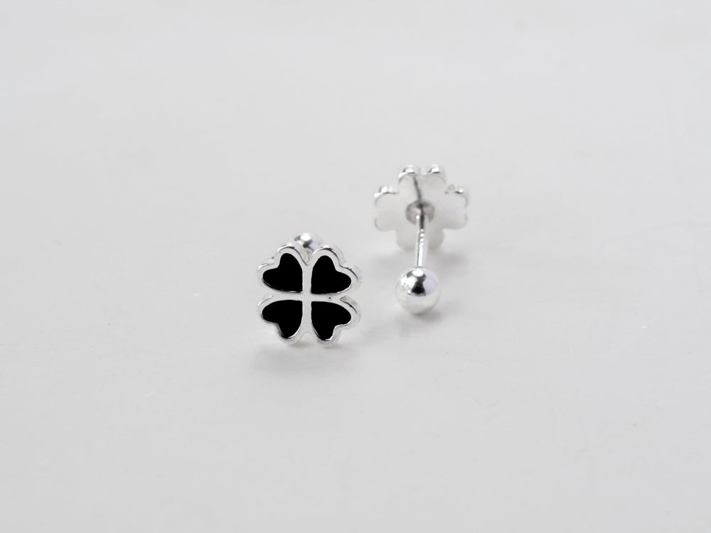 Four Leaf Clover Stud Screw Thread Design Earrings Silver