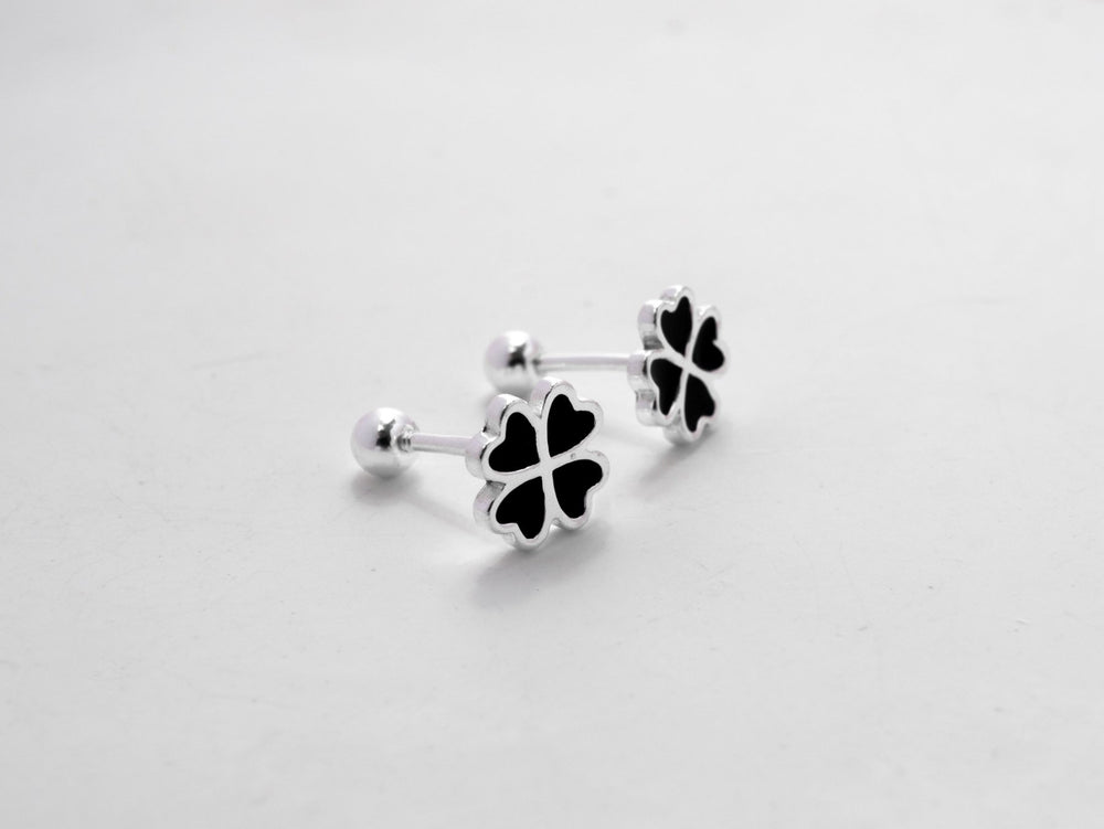 Four Leaf Clover Stud Screw Thread Design Earrings Silver