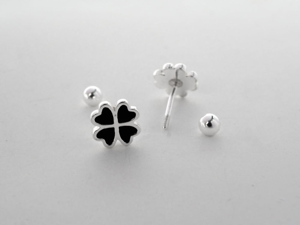 Four Leaf Clover Stud Screw Thread Design Earrings Silver