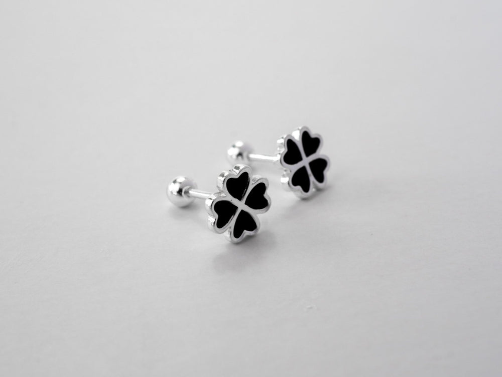 Four Leaf Clover Stud Screw Thread Design Earrings Silver