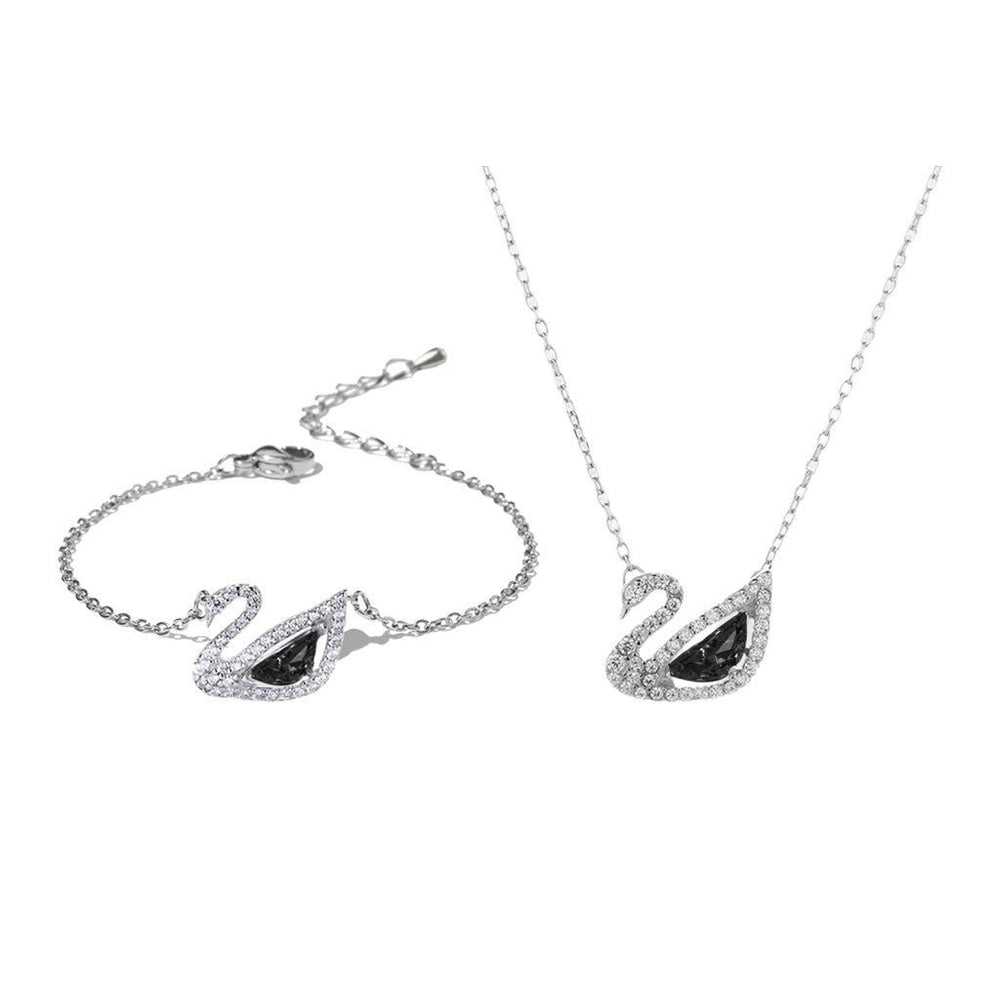 Crystal Swan Necklace & Bracelet Set Silver Black - 6042&2083BL