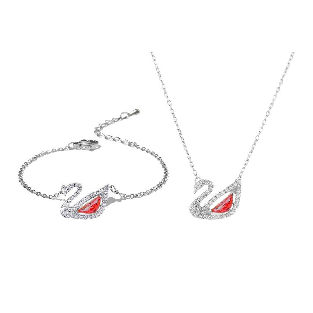 Crystal Swan Necklace & Bracelet Set Silver Red - 6042&2083RED