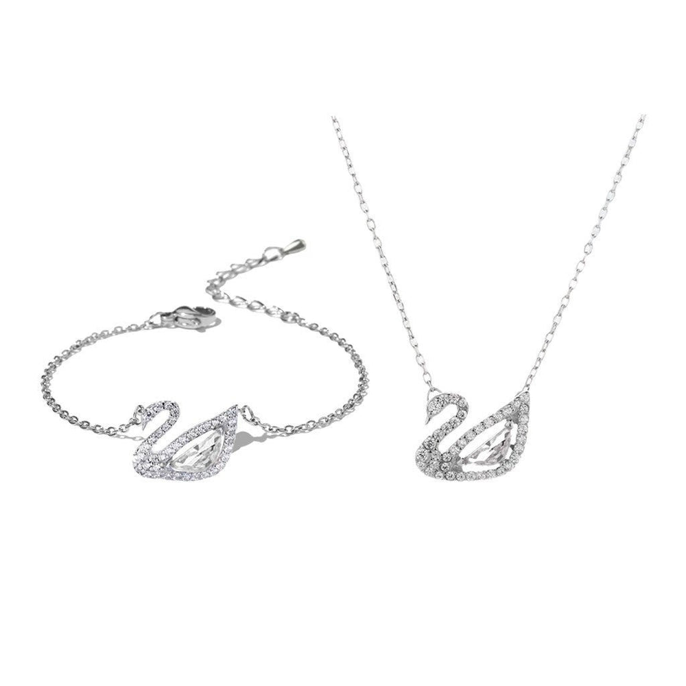 Crystal Swan Necklace & Bracelet Set Silver White - 6042&2083WH