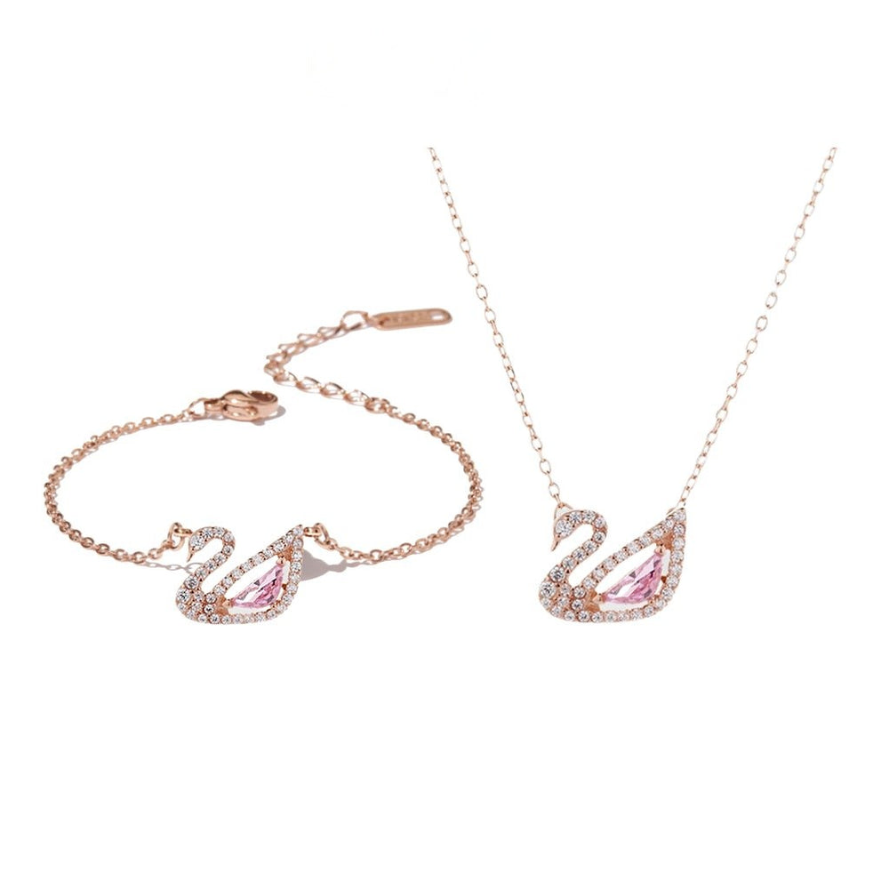 Crystal Swan Necklace và Bracelet Set Rose Gold Pink, vòng tay và dây chuyền thiên nga