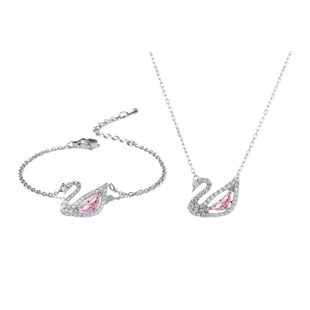 Crystal Swan Necklace và Bracelet Set Silver Pink, vòng tay và dây chuyền thiên nga