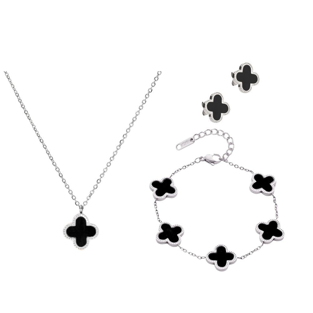 Dual Lucky Leaves Gift Set Silver Black - 6026RG, 2026RG.BL, 3023RG.BL