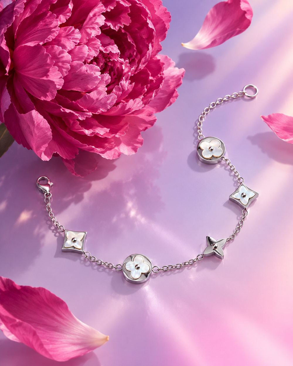 Vòng tay Four Leaf Flower màu bạc bên hoa mẫu đơn hồng