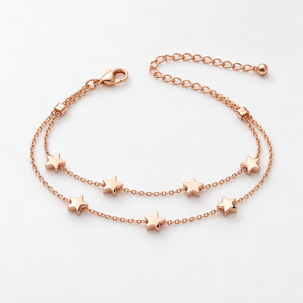 Five Pointed Star Bracelet Rose Gold - lắc 2 dây 7 sao vàng hồng, nền trắng