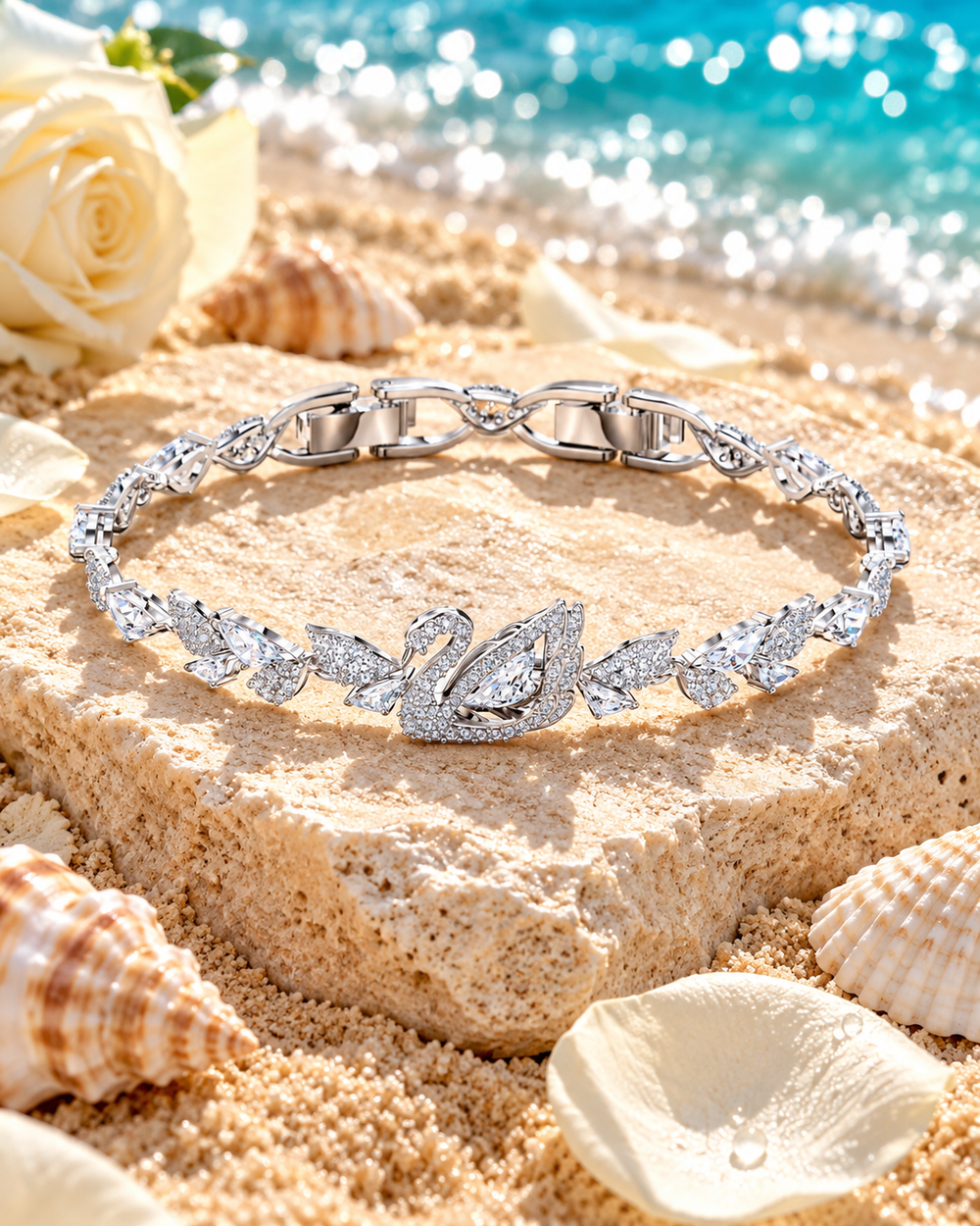 Vòng tay Crystal Dancing Swan đặt trên đá cát, vỏ sò và hoa hồng trắng
