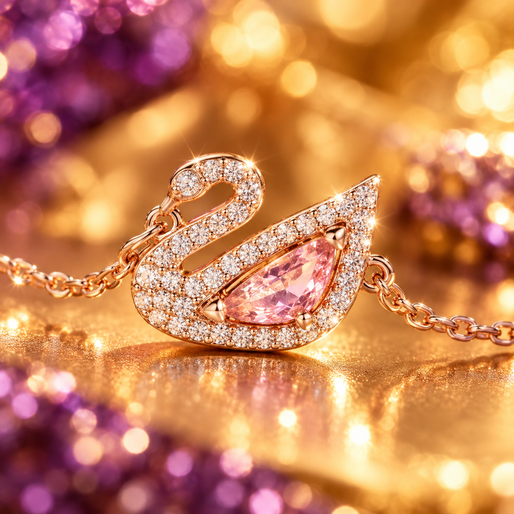 Cận cảnh charm thiên nga đá hồng viền đá của vòng Dazzling Swan