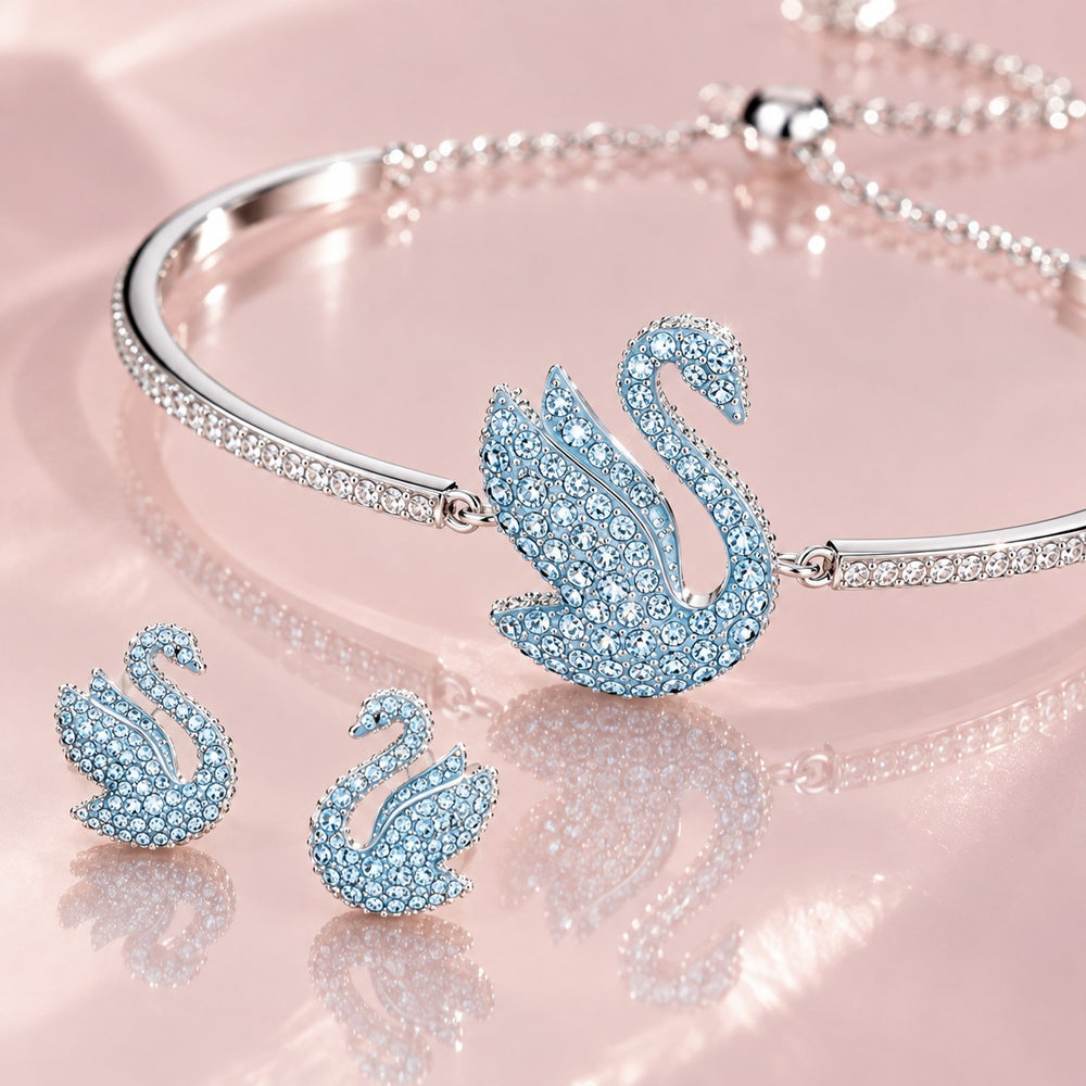 Iconic Swan Bracelet & Earrings Set Blue - ảnh cận