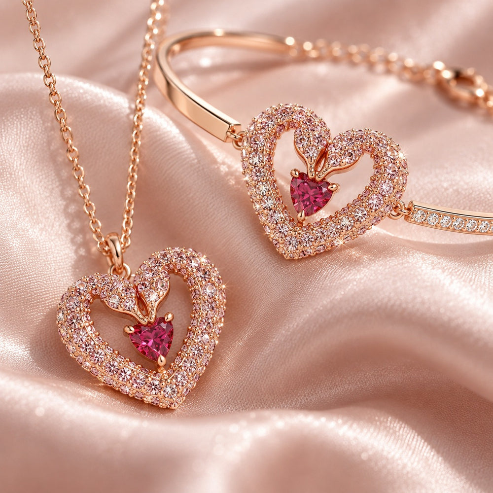 Una Heart Necklace Bracelet Jewelry Set Pink - ảnh cận