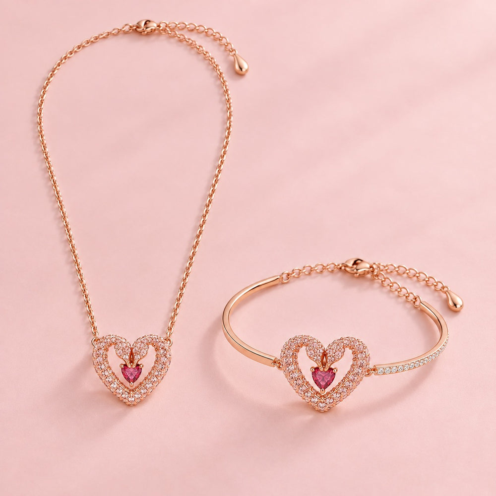 Una Heart Necklace Bracelet Jewelry Set Pink - ảnh chính